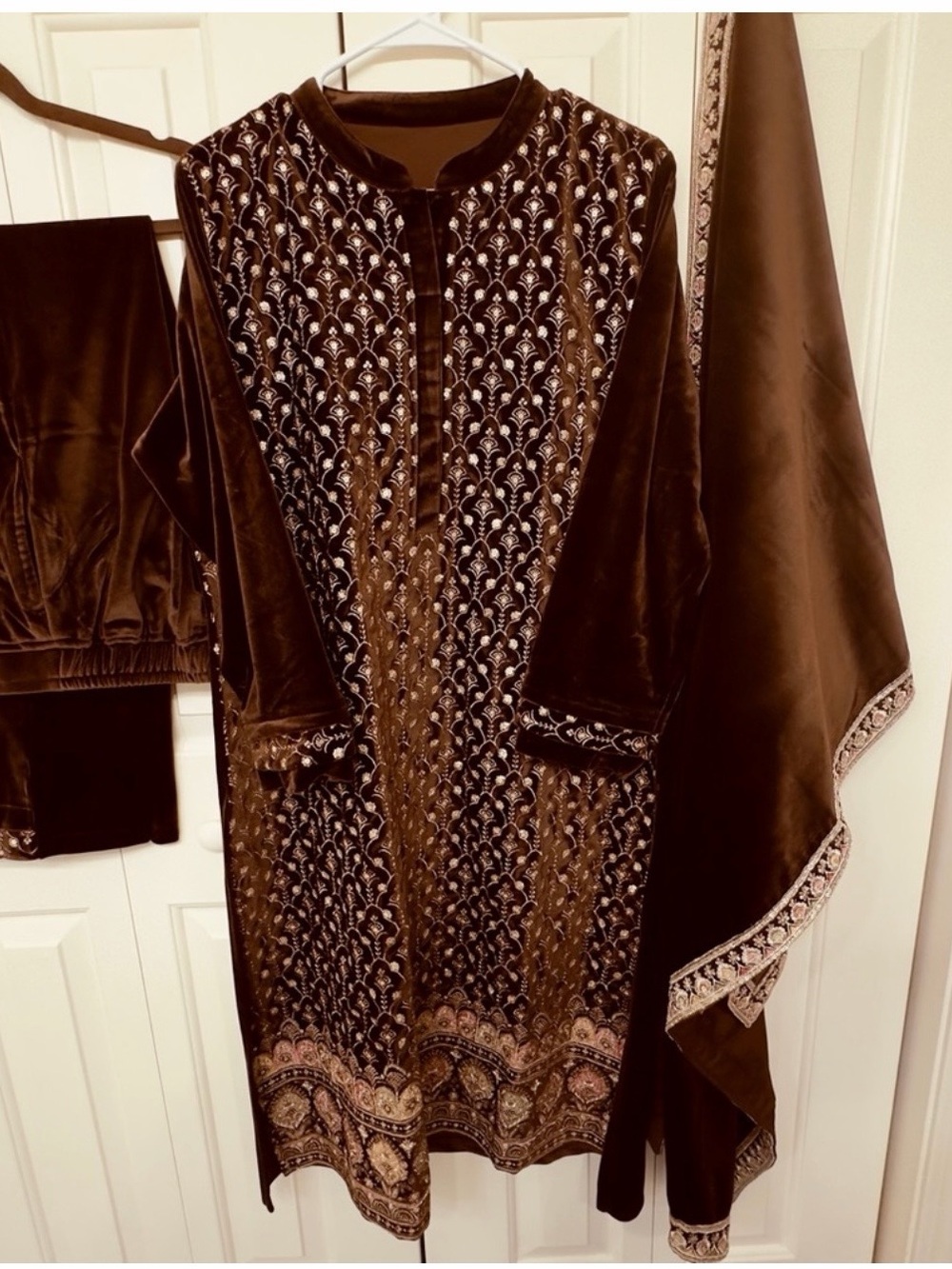 Desi Pakistani Outfit- Embroidered Velvet Kurta pant Set - Deep Brown